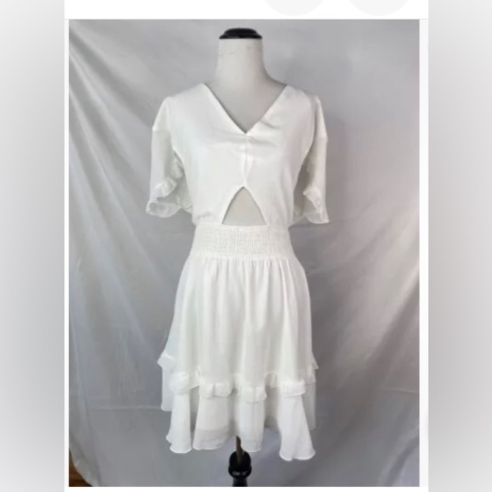 NEW Pretty Garden Medium large Dress White Cut Out Layered Chiffon Empire Waist